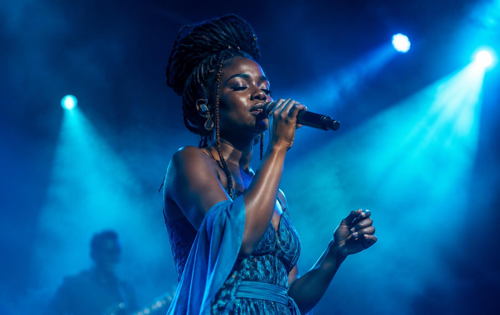 Singer performing under aqua stage lights